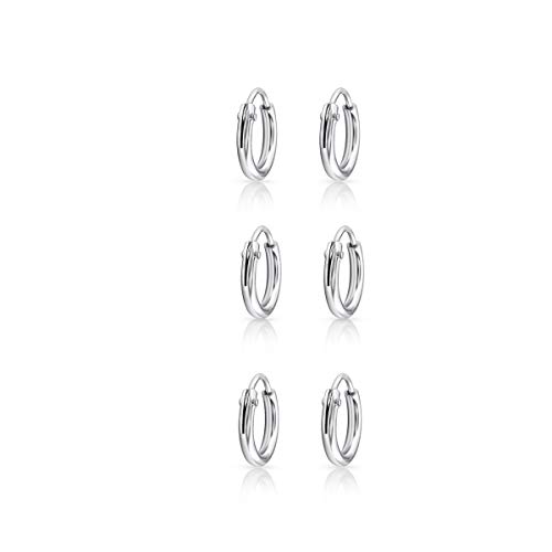 DTPsilver® 3 pares de Pendientes de Aro"Minúsculos" MUY Pequeños" - Trago/Helice/Cartilago - Plata de Ley 925 - Espesor 1.2 mm, Diámetro 8 mm