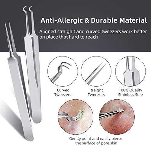 DUcare Juego de 9 Piezas de Blackhead Remover Kit y Pinzas de Depilar para Acné Puntos NegrosPin Spot Extractor aguja Pinzas de cejas