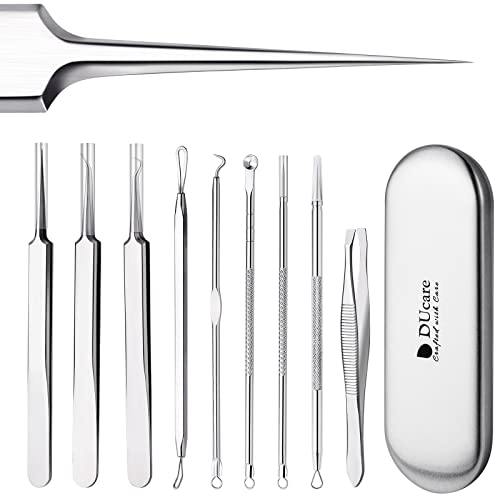 DUcare Juego de 9 Piezas de Blackhead Remover Kit y Pinzas de Depilar para Acné Puntos NegrosPin Spot Extractor aguja Pinzas de cejas