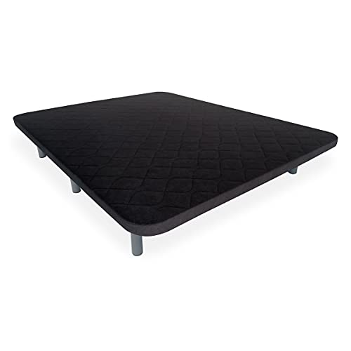 DUÉRMETE ONLINE Base Tapizada Reforzada Anti Ruido con 5 Barras de Refuerzo + Colchón Viscoelástico Elda Reversible + 6 Patas metálicas roscadas de 27cm, Negro, 135x190