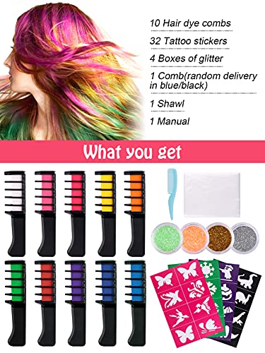 EBANKU 10 Colores Coloración Temporal Tizas Para el Pelo Cabello Tiza Peine Cabello Tinte Cabello con 32 Plantillas de Tatuajes & 4 Brillos para Niños Regalos Navidad Fiestas Cosplay DIY