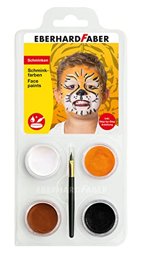 Eberhard Faber 579025 – Juego Tigre con 4 Colores, Pincel e Instrucciones, Soluble en Agua, Secado rápido, Set de Maquillaje para niños para Pintar la Cara, Blanco, Ocre marrón, Negro