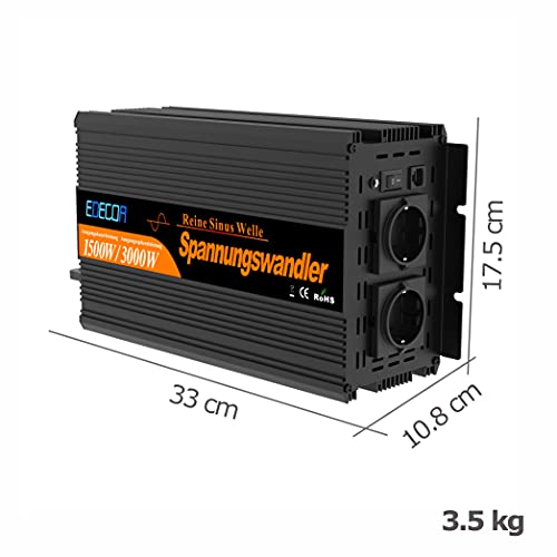 EDECOA Inversor 12v 220v Onda Pura 1500w con Mando a Distancia para Caravanas, Panel Solar Convetidor de 12v 230v Transformador de Corriente