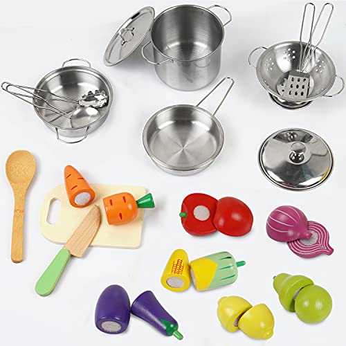 EFO SHM Accesorios Cocina Juguete Madera, Utensilios Cocina Juguete Juego de Roles de Cocina, Ollas y Sartenes de Juguete Para la Cocina de Los Niños, Apto Para Niños Mayores de 3 Años