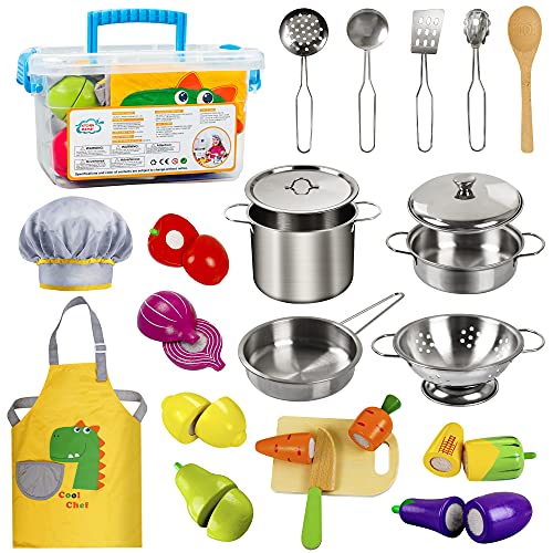 EFO SHM Accesorios Cocina Juguete Madera, Utensilios Cocina Juguete Juego de Roles de Cocina, Ollas y Sartenes de Juguete Para la Cocina de Los Niños, Apto Para Niños Mayores de 3 Años