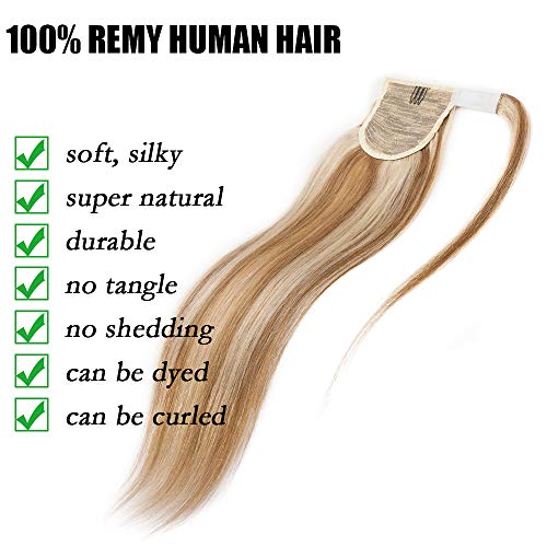 Elailite Coleta Postiza Pelo Natural Clip Extensiones 100% Remy Largas Cabello Humano Cola de Caballo 45cm #12P613 Castaño Dorado Balayage Rubio Muy Claro