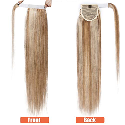 Elailite Coleta Postiza Pelo Natural Clip Extensiones 100% Remy Largas Cabello Humano Cola de Caballo 45cm #12P613 Castaño Dorado Balayage Rubio Muy Claro