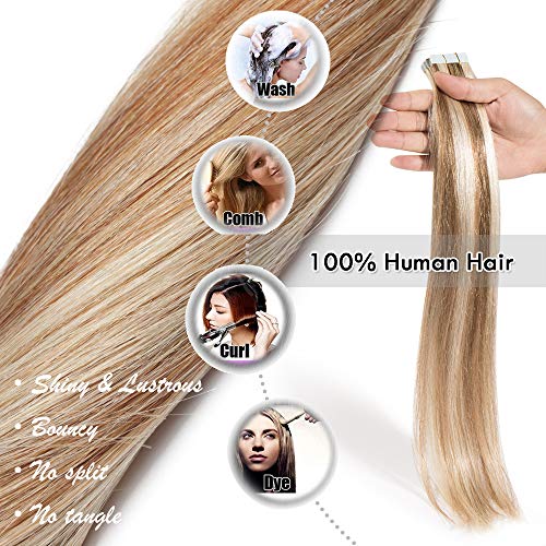 Elailite Extensiones Adhesivas Pelo Natural 20 Mechas Tape in Cabello Humano Liso Largas 100% Remy sin Clip 40cm (Paquete de 50g) #12P613 Castaño Dorado Balayage Rubio Muy Claro