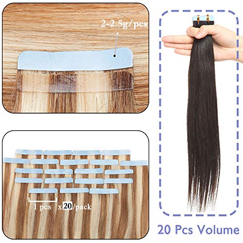 Elailite Extensiones Adhesivas Pelo Natural 20 Mechas Tape in Cabello Humano Liso Largas 100% Remy sin Clip 40cm (Paquete de 50g) #12P613 Castaño Dorado Balayage Rubio Muy Claro