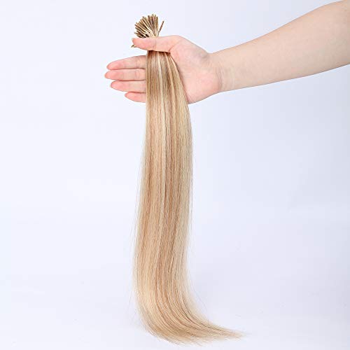 Elailite Extensiones de Queratina Pelo Natural I Tip Keratina 100% Remy Cabello Humano Balayage sin Clip 100 Mechas 50g 55cm #12P613 Castaño Dorado/Rubio Muy Claro