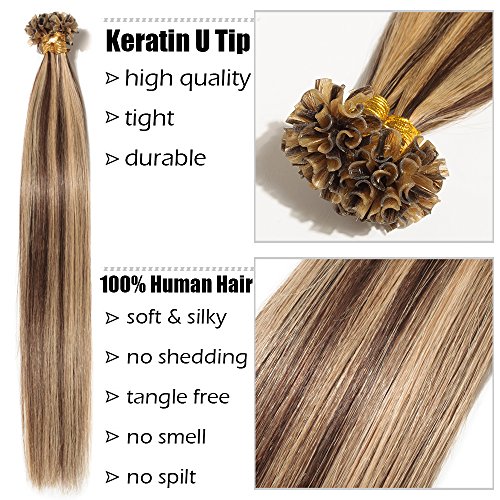 Elailite Extensiones Pelo Natural Queratina 1g Remy Cabello Humano sin Clip U Tip Keratina 50 Mechas 50g - 40cm #4P27 Marrón Medio Balayage Rubio Oscuro