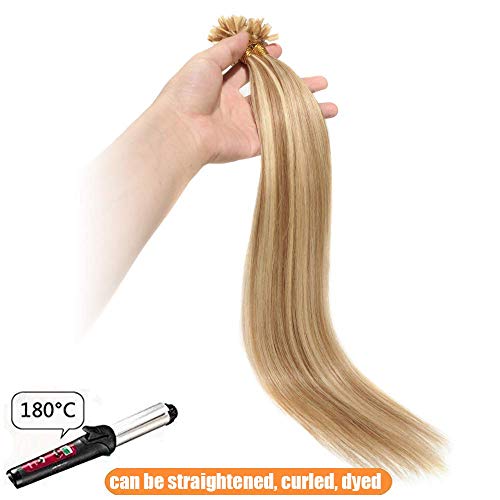 Elailite Extensiones Queratina 1g Pelo Natural 100% Remy Cabello Humano sin Clip U Tip Keratina 50 Mechas 50g - 40cm #12P613 Castaño Dorado Balayage Rubio Muy Claro