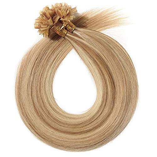 Elailite Extensiones Queratina 1g Pelo Natural 100% Remy Cabello Humano sin Clip U Tip Keratina 50 Mechas 50g - 40cm #12P613 Castaño Dorado Balayage Rubio Muy Claro