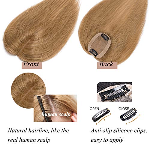 Elailite Protesis Capilares Pelo Natural Hair Topper Mujer Clip Cabello Humano Rubio Toupee Flequillo Encaje 6cm*9cm Postizos Largas 45cm 35g #27 Rubio Oscuro