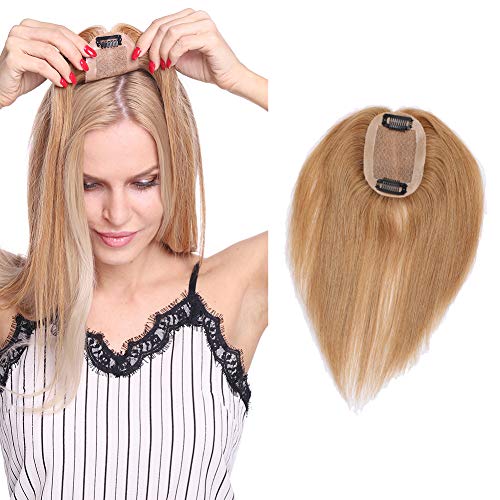 Elailite Protesis Capilares Pelo Natural Hair Topper Mujer Clip Cabello Humano Rubio Toupee Flequillo Encaje 6cm*9cm Postizos Largas 45cm 35g #27 Rubio Oscuro