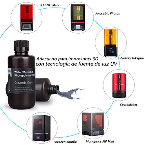 ELEGOO Lavable con Agua Impresora 3D Resina rápida para Impresora 3D LCD Resina de Curado UV Resina de Fotopolímero Estándar de 405 nm para Impresión LCD 3D 1000Gram Gris Arcilla