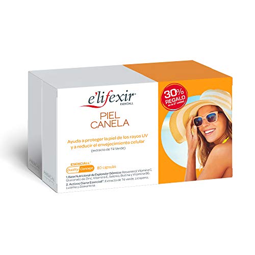 Elifexir Esenciall - Piel Canela, Ayuda a Proteger la Piel y la Visión del Sol, Bronceado Duradero, Extracto de Té Verde y Zinc - 80 Cápsulas