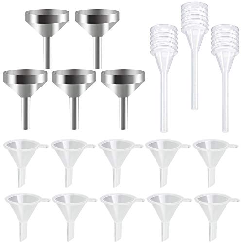 EMAGEREN Kit de 10 pcs Embudos Pequeños de Plastico + 5 pcs Mini Embudo de Metal + 3 pcs Mini Pipetas de Plastico Embudos Pequeños Perfume para Rellenar Perfume/Aceite Esencial a Pequeñas Botellas