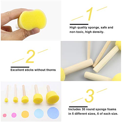 EMAGEREN Pincel de Esponja Redonda, 30 Piezas Pinceles de Espuma Amarillos Brochas de Espuma para Pintar con Mango de Madera Esponja para Pintar Manualidades de 5 Tamaños para DIY Dibujo Barniz