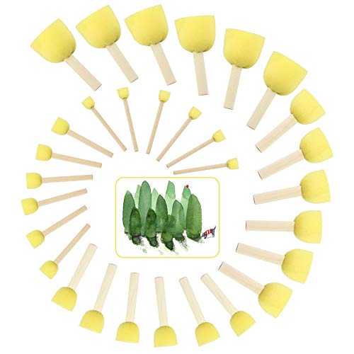 EMAGEREN Pincel de Esponja Redonda, 30 Piezas Pinceles de Espuma Amarillos Brochas de Espuma para Pintar con Mango de Madera Esponja para Pintar Manualidades de 5 Tamaños para DIY Dibujo Barniz