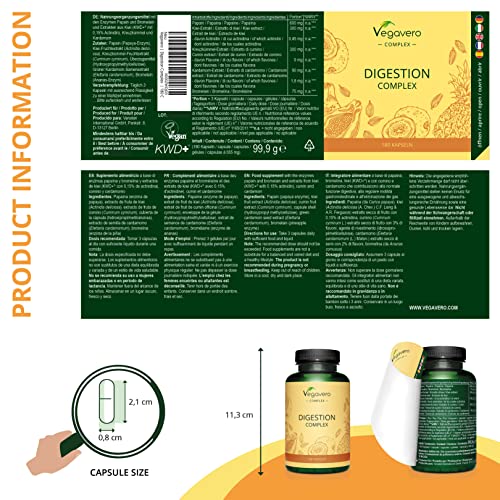 Enzimas Digestivas Vegavero® | 100% Natural | Suplemento para Digestión | Papaína & Bromelina con extractos de Cardamomo, Kiwi y Comino | 180 Cápsulas | Apto para Veganos