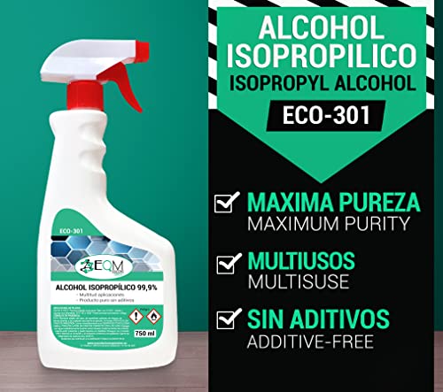 EQM SOLUCIONES QUÍMICAS | ECO-301 | Alcohol Isopropílico 99,9% Pureza | 750 ml | Limpieza componentes electrónicos, objetivos y pantallas | Desinfección y limpieza de superficies