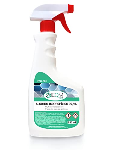 EQM SOLUCIONES QUÍMICAS | ECO-301 | Alcohol Isopropílico 99,9% Pureza | 750 ml | Limpieza componentes electrónicos, objetivos y pantallas | Desinfección y limpieza de superficies