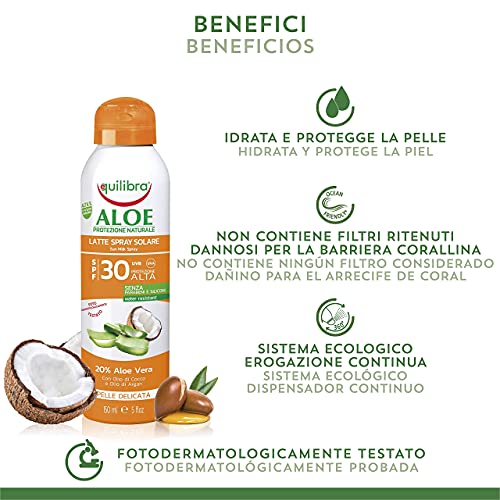 Equilibra Protector Solar, Spray Leche Solar Spf 30 con Aloe Vera, Aceite de Coco y de Argán y Vitamina E, Protege de las Quemaduras Solares para un Bronceado Saludable, Resistente al Agua, 150 ml