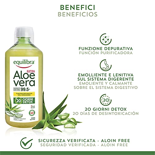 Equilibra Suplementos Dietéticos, Aloe Vera Extra 99,5%, Suplemento de Aloe Vera para Beber Puro o Diluido, Sin Aloína, Detox, Pulpa Pura, Sin Agua Añadida, Producto Vegano, Sin Gluten, 1 Litro