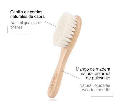 ESLESGREEN Set de cepillo y manopla de baño para bebé con neceser- Cepillo de madera y cerdas suaves de cabra - Manopla de baño tela de bambú orgánico - Neceser algodón natural - Regalo recién nacido