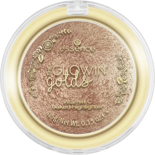 essence The Glowin' Golds - Iluminador de vitamina C baked highlighter, n.º 01 Golden Days Ahead, dorado, para piel mixta, brillante, brillante, metálico, intenso, con purpurina (4,5 g)