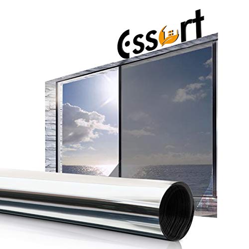 Essort Vinilo para Ventana 90x400cm Privacidad Pegatina Cristal Protector de Electricida Estática, Sola Lámina Privacidad de Una Manera Espejo Película Adhesiva （Plata）