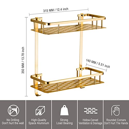 Estantes Ducha de Pared,Estanteria Baño Sin Taladro,Organizador Baño Estanterías Metalicas Pequeño para Champú y Geles de Ducha,Repisa Ducha con Ganchos（2 Niveles,Dorado Champagne）