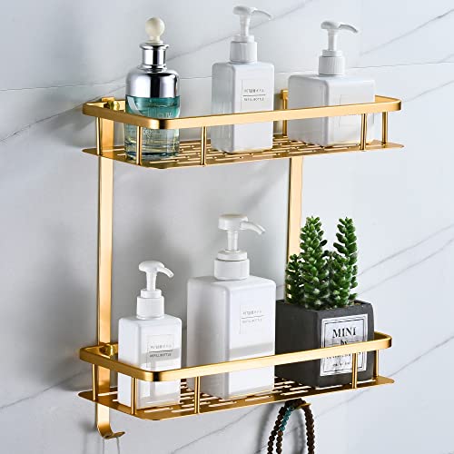 Estantes Ducha de Pared,Estanteria Baño Sin Taladro,Organizador Baño Estanterías Metalicas Pequeño para Champú y Geles de Ducha,Repisa Ducha con Ganchos（2 Niveles,Dorado Champagne）