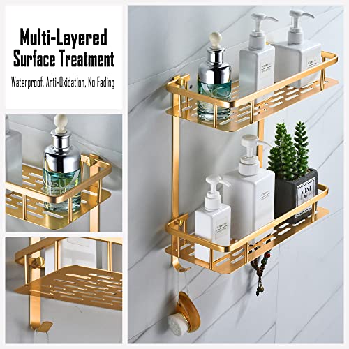 Estantes Ducha de Pared,Estanteria Baño Sin Taladro,Organizador Baño Estanterías Metalicas Pequeño para Champú y Geles de Ducha,Repisa Ducha con Ganchos（2 Niveles,Dorado Champagne）