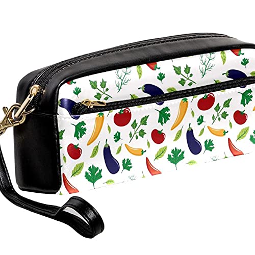 Estuche de piel para lápices de cosméticos, bolsa de artículos de tocador, bolso de mano, organizador de papelería, con correa de mano, verduras, berenjena, tomate, pimienta picante, hojas