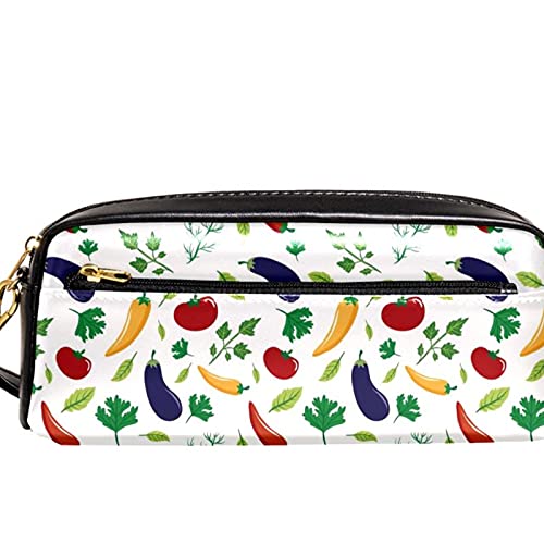 Estuche de piel para lápices de cosméticos, bolsa de artículos de tocador, bolso de mano, organizador de papelería, con correa de mano, verduras, berenjena, tomate, pimienta picante, hojas