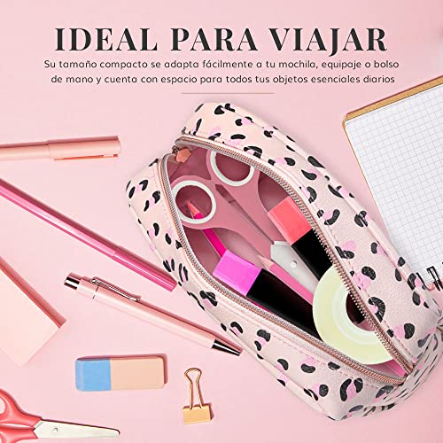 Estuche Escolar Pequeño, Bolsa de Viaje Multiusos para Artículos de Papelería, Manualidades y Productos de Aseo - Organizador de Maquillaje para Mujeres con Estampado de Leopardo (Rosa/Crema)