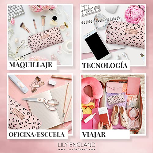 Estuche Escolar Pequeño, Bolsa de Viaje Multiusos para Artículos de Papelería, Manualidades y Productos de Aseo - Organizador de Maquillaje para Mujeres con Estampado de Leopardo (Rosa/Crema)