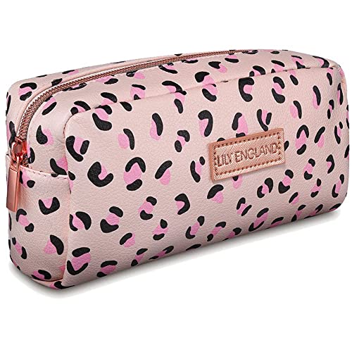 Estuche Escolar Pequeño, Bolsa de Viaje Multiusos para Artículos de Papelería, Manualidades y Productos de Aseo - Organizador de Maquillaje para Mujeres con Estampado de Leopardo (Rosa/Crema)