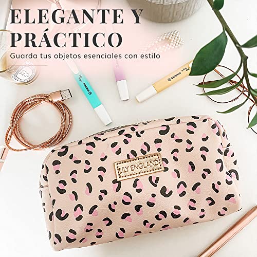 Estuche Escolar Pequeño, Bolsa de Viaje Multiusos para Artículos de Papelería, Manualidades y Productos de Aseo - Organizador de Maquillaje para Mujeres con Estampado de Leopardo (Rosa/Crema)