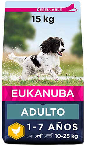 Eukanuba Alimento seco para perros adultos activos de raza mediana,, rico en pollo fresco 15 kg