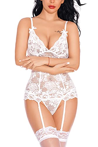 EVELIFE Mujer Sexy Conjunto de Lencería, Correa Trasera Sexy Encaje Ropa Interior + Tanga Lencería Transparente Erótico Encaje Babydoll (Blanco X-Large)