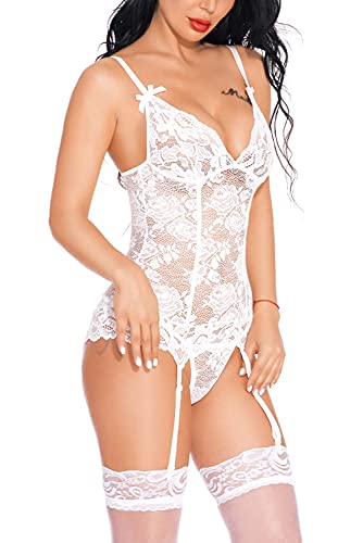 EVELIFE Mujer Sexy Conjunto de Lencería, Correa Trasera Sexy Encaje Ropa Interior + Tanga Lencería Transparente Erótico Encaje Babydoll (Blanco X-Large)