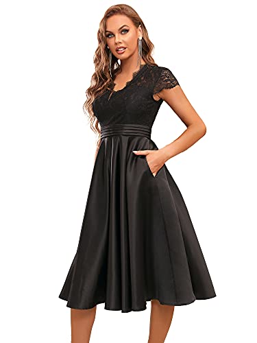 Ever-Pretty Vestido de Fiesta A-línea Largo para Mujer Encaje Mangas Casquillo Escote en V Corte Imperio Sencillo Negro 40