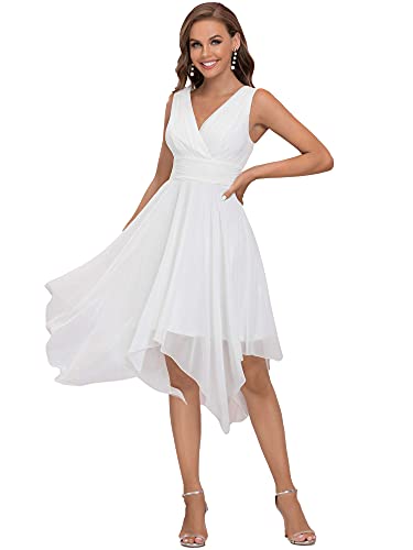 Ever-Pretty Vestido de Fiesta Midi para Mujer Escote en V sin Mangas Asimétrico Gasa Plisado Blanco 42