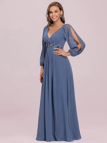 Ever-Pretty Vestido de Noche Talla Grande Largo para Mujer Escote V Profundo Manga Larga A-línea con Apliques Armada Polvorienta 44