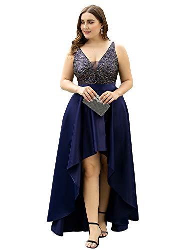 Ever-Pretty Vestidos Ceremonia y Eventos Sin Mangas Escote en V Corte Imperio Elegant Alta Baja Talla Grande Mujer Azul Marino 52