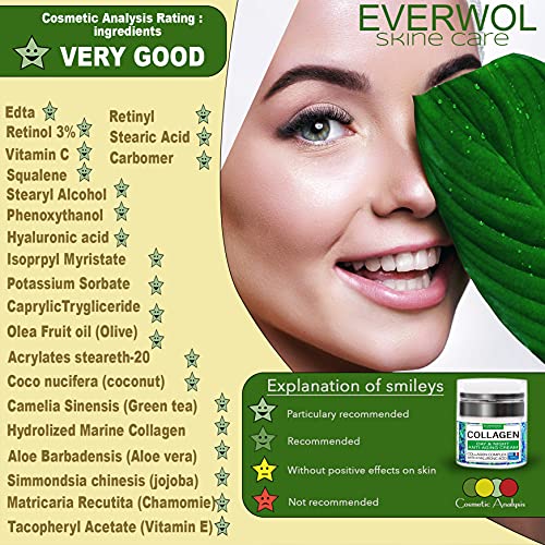 EVERWOL/Crema antiarrugas para hombres y mujeres - colágeno, ácido hialurónico / tratamiento facial hidratante / antiedad - efecto suavizante inmediato / vitamina E, aloe vera / 50 ml