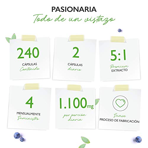 Extracto de Pasiflora - 240 Cápsulas - Premium: 1100 mg de extracto 5:1 (equivalente a 5500 mg de pasiflora) por porción diaria - Dosis extra alta - Sin aditivos indeseables - Vegano